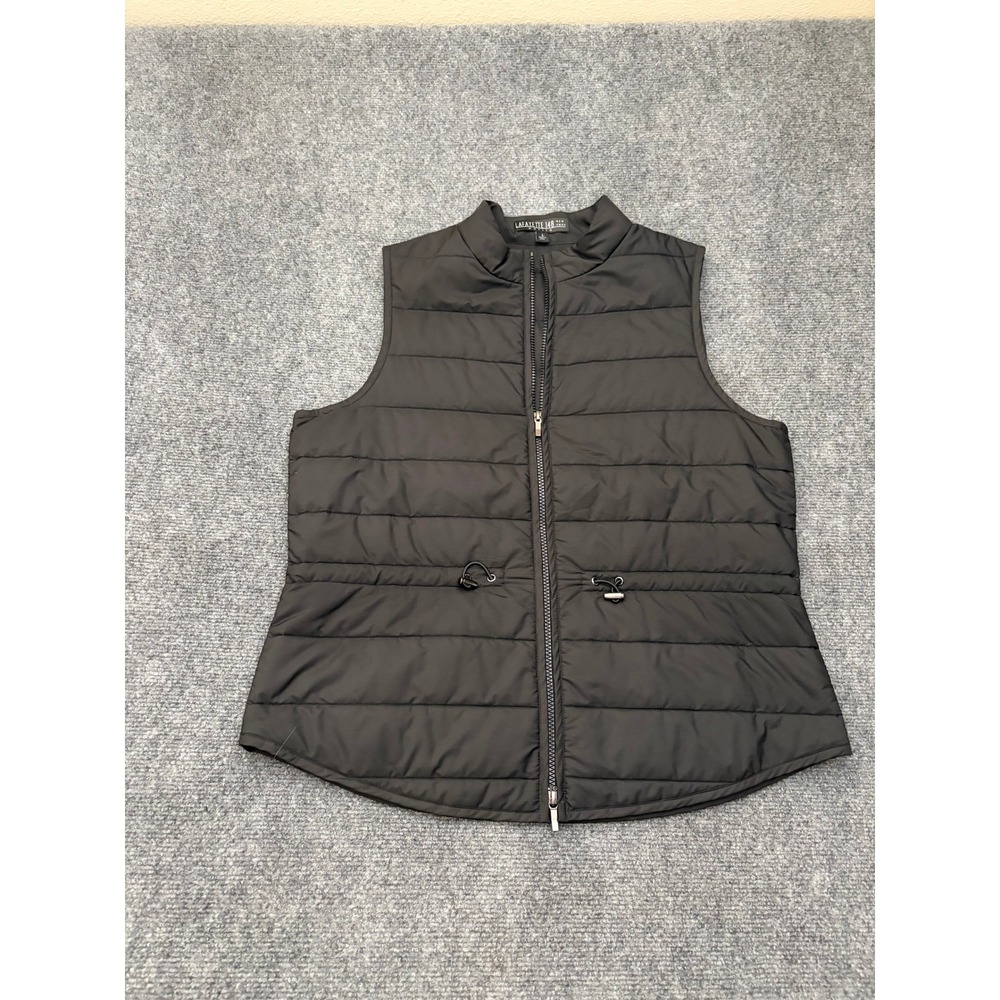 Lafayette 148 New York Black Quilted Puffer Vest Mock Neck Drawstring Waist L
